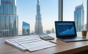 میز کار در دفتر مدرن دبی با فرم‌های مالیاتی و لپ‌تاپ Corporate Tax UAE